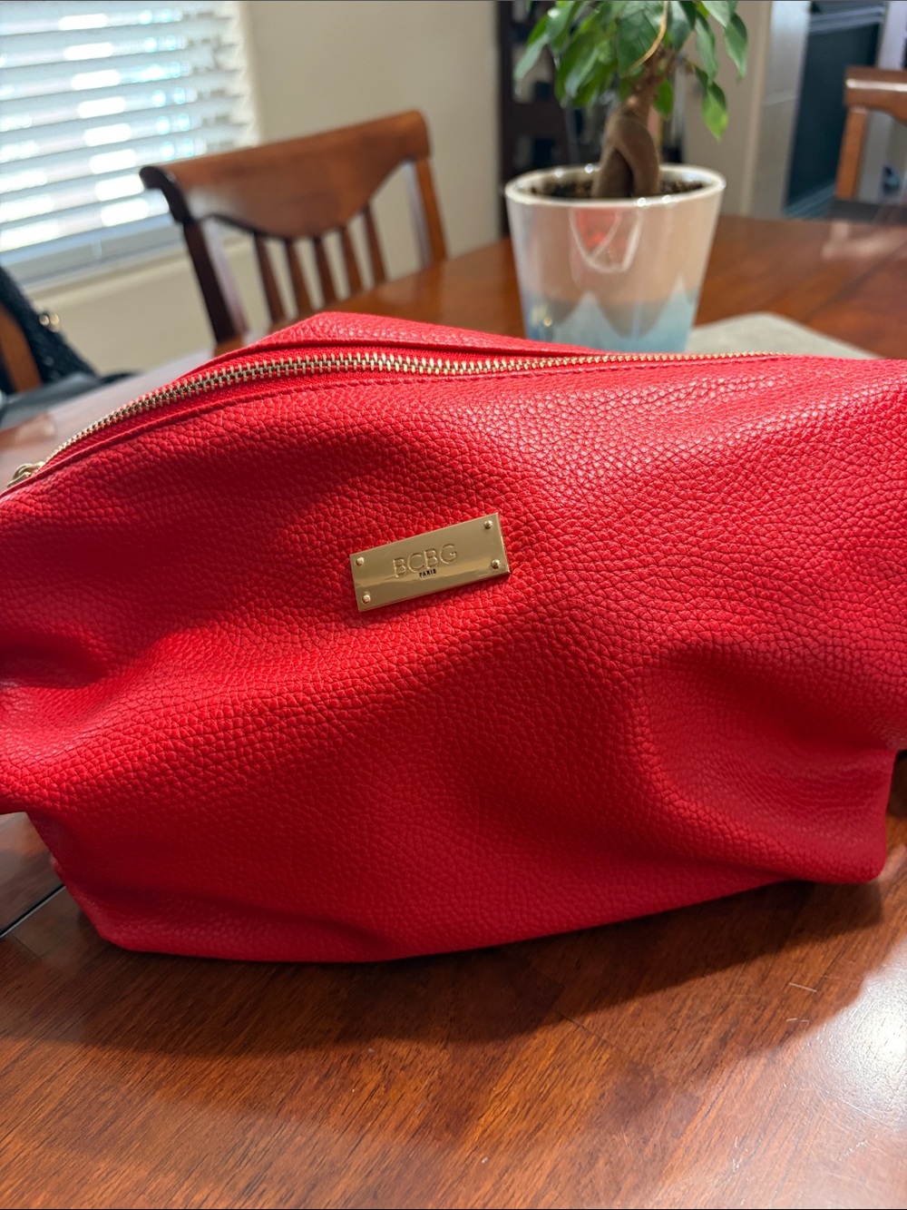BCBG Red Pebbled Leather Zip Cosmetic Case with Gold Plate